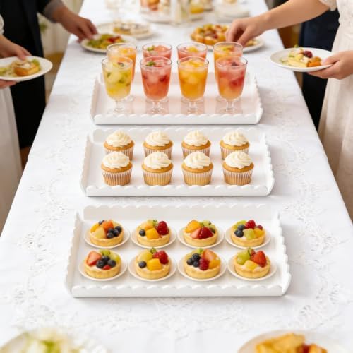 Acrylic Serving Trays 3 Pack, Glossy White Scalloped Acrylic Platters for Party Table Serving Food Cupcake, alternate view 6