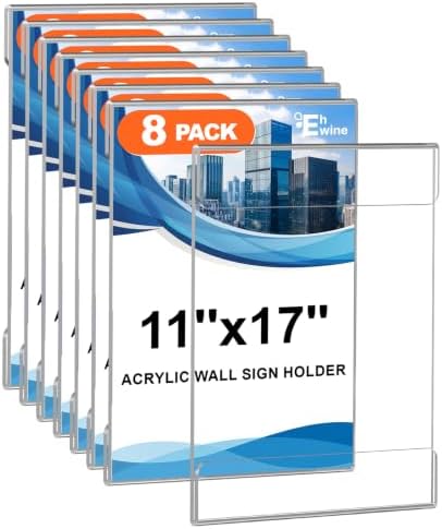Acrylic Sign Holder 11 x 17 Wall Mount with Tape, 8 Pack Vertical in Clear
