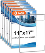 Acrylic Sign Holder 11 x 17 Wall Mount with Tape, 8 Pack Vertical in Clear