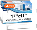 Acrylic Sign Holder 11 x 17 Wall Mount with Tape, Horizontal, 4 Pack in Clear