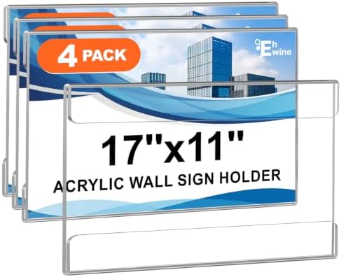 Acrylic Sign Holder 11 x 17 Wall Mount with Tape, Horizontal, 4 Pack in Clear