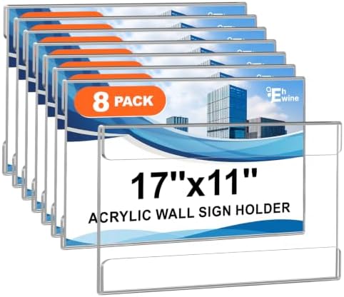 Acrylic Sign Holder 11 x 17 Wall Mount with Tape, Horizontal, 8 Pack in 17 x 11 inches in Clear