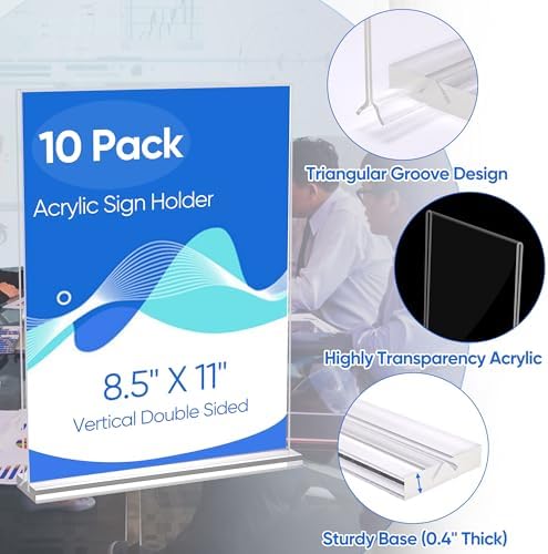 acrylic sign holder 8.5 x 11 Paper Stand 10 Pack Clear Double Side T Shape Acrylic Table Signs for Displaying, alternate view