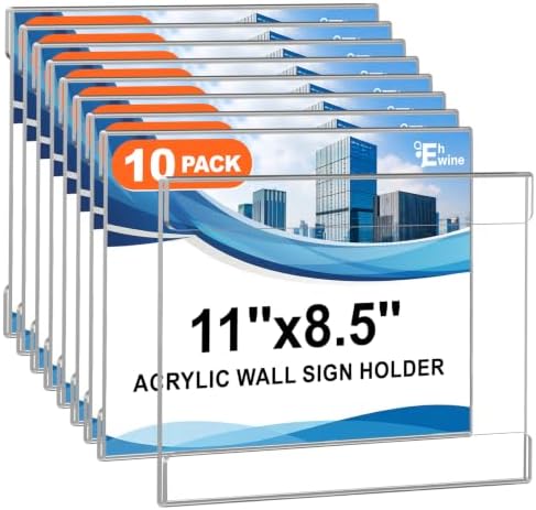 Acrylic Sign Holder 8.5 x 11 Wall Mount, 10 Pack Horizontal Display in Clear