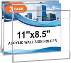Acrylic Sign Holder 8.5 x 11 Wall Mount, 3 Pack Horizontal Display in clear