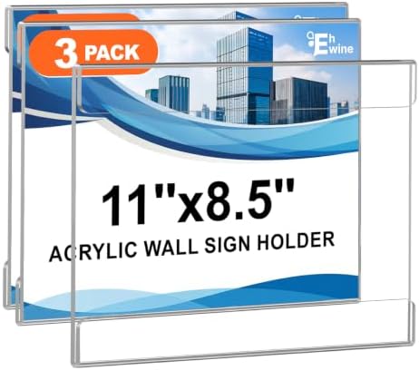 Acrylic Sign Holder 8.5 x 11 Wall Mount, 3 Pack Horizontal Display in clear