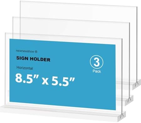 Acrylic Sign Holder 8.5x5.5 Inch 3 Pack Horizontal T Shape Double-Sided Desktop Display Holder. (Optional 8.5x11