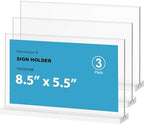 Acrylic Sign Holder 8.5x5.5 Inch 3 Pack Horizontal T Shape Double-Sided Desktop Display Holder. (Optional 8.5x11