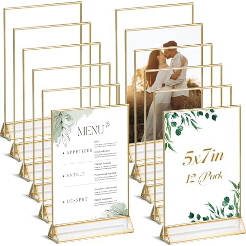 Acrylic Sign Holders with Golden Border, Portrait View, Pack of 12 | 5x7 Double Sided Clear Frame, Perfect for
