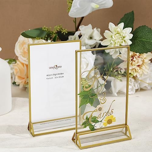 Acrylic Sign Holders with Golden Border, Portrait View, Pack of 12 | 5x7 Double Sided Clear Frame, Perfect for, alternate