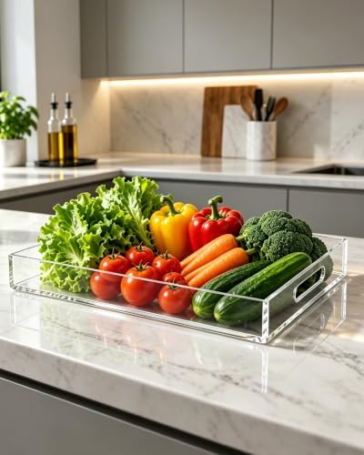 Acrylic Tray, 2 Pack Spill Proof Platter with Handles for Ottoman in 2Pcs(12"x16"-11"x14"), alternate view 2