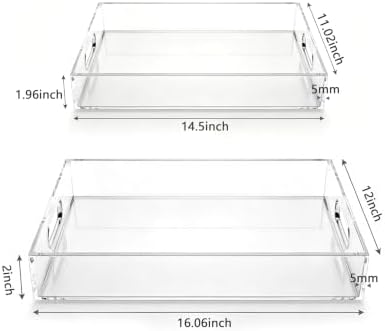 Acrylic Tray, 2 Pack Spill Proof Platter with Handles for Ottoman in 2Pcs(12"x16"-11"x14"), alternate view 3
