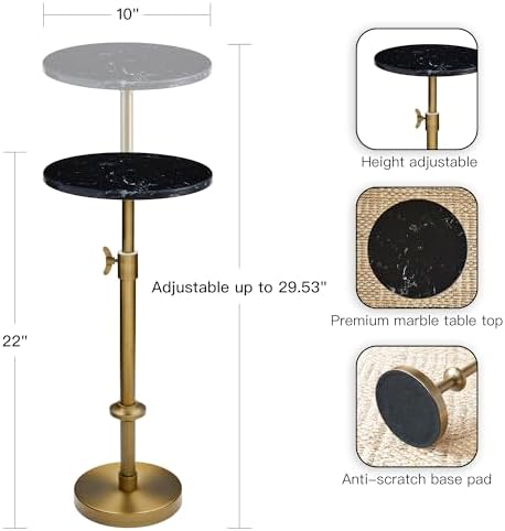Adjustable 10" Black Marble Drink Table with 2 Coasters, Antique Brass, alternate view 3