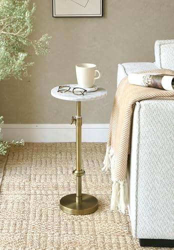 Adjustable 10" White Marble Drink Table with 2 Coasters, Antique Brass, alternate view 2