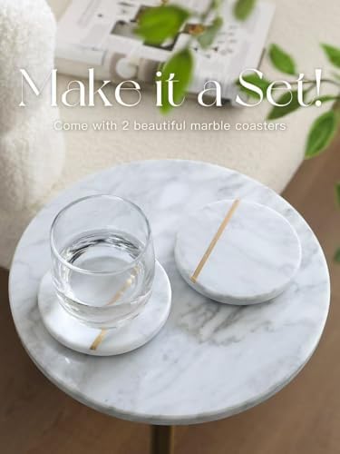 Adjustable 10" White Marble Drink Table with 2 Coasters, Antique Brass, alternate view 6