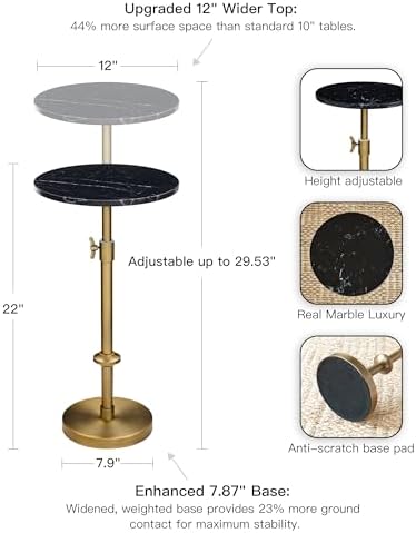Adjustable 12" Black Marble Drink Table with 2 Coasters, Antique Brass, alternate view 3