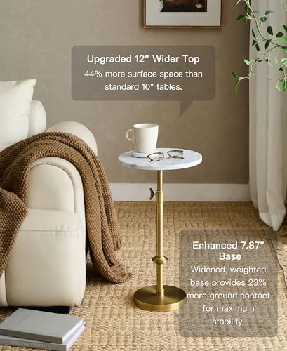 Adjustable 12" White Marble Drink Table with 2 Coasters, Antique Brass, alternate view 3