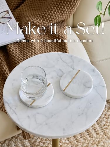 Adjustable 12" White Marble Drink Table with 2 Coasters, Antique Brass, alternate view 6