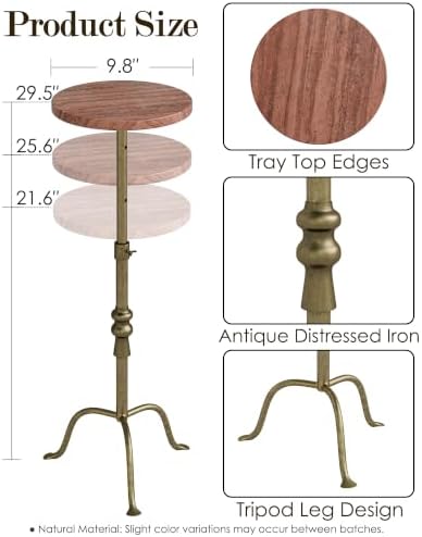 Adjustable Height Round Pedestal Table - 10x10x22-30 Inch, Red Travertine, alternate view 3