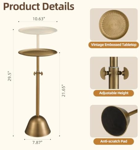 Adjustable-Height Small Drink Table, Round Antique Gold Side Table in Antique Gold, alternate view 2