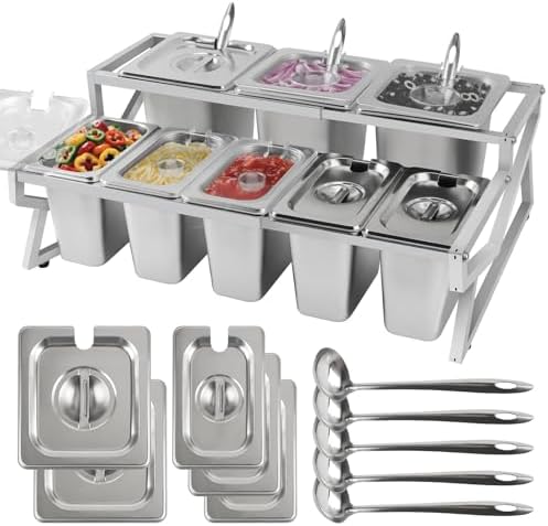 Adjustable Stainless Steel Pizza Topping Storage Station (8 Pans) in Compact (14.4-25.8 inches) in Silver