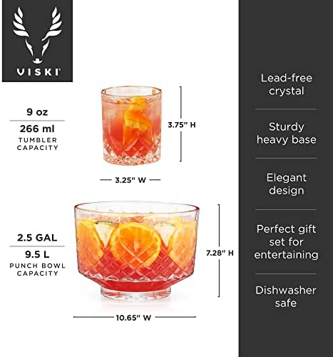 Admiral Punch Bowl Set with 8 Tumblers, Cut Crystal Cocktail Party Serveware, Dishwasher Safe, 2.5 Gallons, 9 Oz, alternate