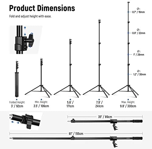 Air Cushioned Aluminum Light Stand, 9.8ft/3m Adjustable Photography Stand with Boom Arm, Counterweight, Sandbag, alternate