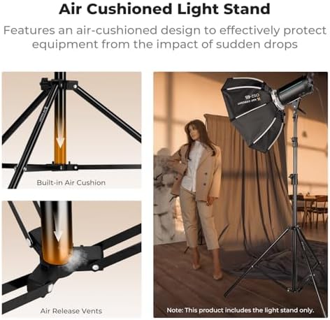 Air Cushioned Light Stand, 41-110" Height, 1/4"-3/8" Adapter in Black, alternate view 2