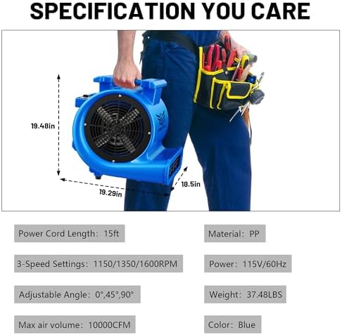 Air Mover Blower Fan, Industrial 1.5HP MAX10000CFM Monster Floor Blower Carpet Dryers - 3 Speeds, 4 Adjustable, alternate