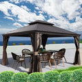 Alexander Hardtop Aluminum Permanent Gazebo with a Mosquito Net and Privacy Sidewalls (Alexander 12'x14' (Brown)