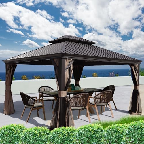 Alexander Hardtop Aluminum Permanent Gazebo with a Mosquito Net and Privacy Sidewalls (Alexander 12'x14' (Brown)