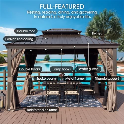 Alexander Hardtop Aluminum Permanent Gazebo with a Mosquito Net and Privacy Sidewalls (Alexander 12'x14' (Brown), alternate