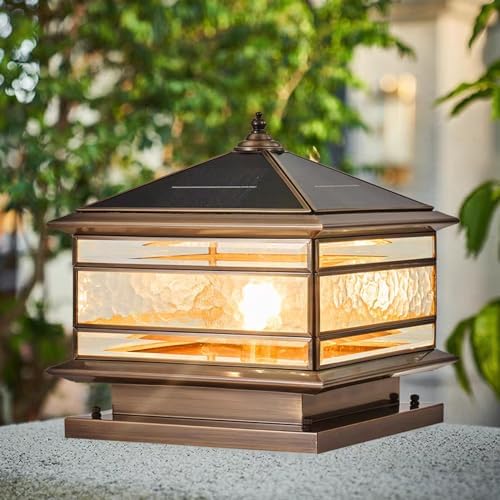 All Copper Steel Glass Outdoor Post Lights, Waterproof Pillar Light, Vintage Patio Lawn Column Lamp, Outdoor