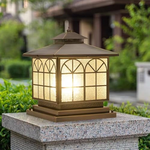 All Copper Steel Glass Outdoor Post Lights, Waterproof Pillar Light, Vintage Patio Lawn Column Lamp, Outdoor, alternate view