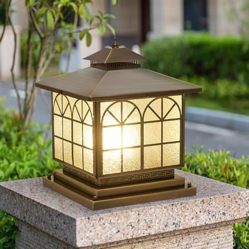 All Copper Steel Glass Outdoor Post Lights, Waterproof Pillar Light, Vintage Patio Lawn Column Lamp, Outdoor, alternate view