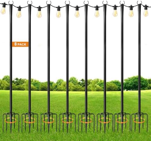 All Pack String Light Poles for Outdoor, Metal Light Hanging Pole Outside with Fork, Light Stand for Patio