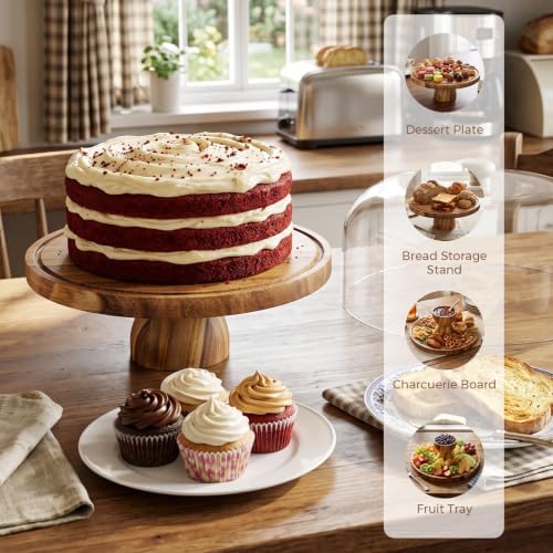 Amarica-Sourced Acacia Wood Cake Stand with Lid, 2-In-1 Round Cake Holder with Cover, 12in Dessert Display Stand, alternate