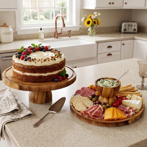 Amarica-Sourced Acacia Wood Cake Stand with Lid, 2-In-1 Round Cake Holder with Cover, 12in Dessert Display Stand, alternate