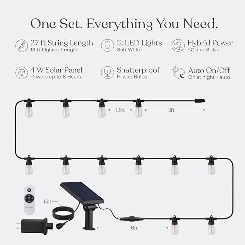 Ambience Hybrid Outdoor String Lights - Dual Plug and Solar Powered Waterproof LED Light String for Outside - 27, alternate