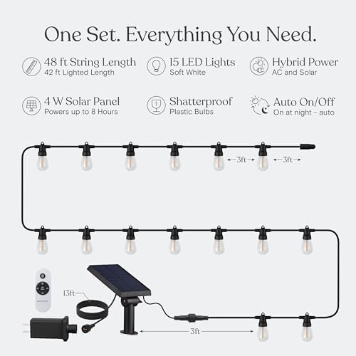 Ambience Hybrid Outdoor String Lights - Dual Plug and Solar Powered Waterproof LED Light String for Outside, alternate view 5