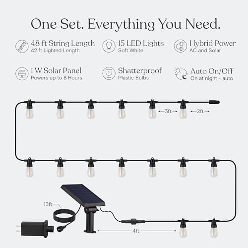 Ambience Hybrid Outdoor String Lights - Dual Plug and Solar Powered Waterproof LED Light String for Outside - 48, alternate