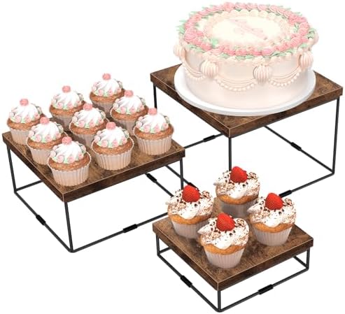 and Stands, 3 Tier Wood Display Risers, Rustic Brown in Brown