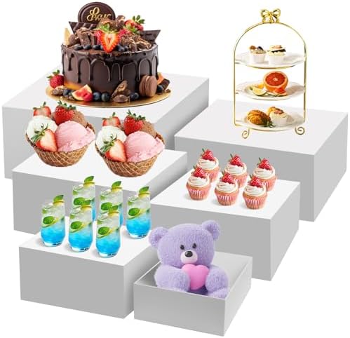and Stands Set of 6, White Acrylic Dessert Table Display Risers Set for Cakes, Cupcakes, desserts and Party