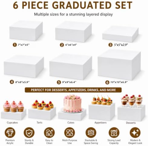 and Stands Set of 6, White Acrylic Dessert Table Display Risers Set for Cakes, Cupcakes, desserts and Party, alternate view 3