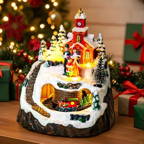 Animated Christmas Village Decoration - Lighted Church Choir & Moving Train on Snowy Mountain - Holiday