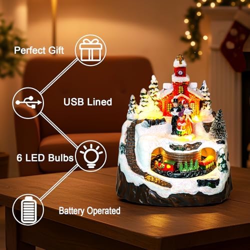 Animated Christmas Village Decoration - Lighted Church Choir & Moving Train on Snowy Mountain - Holiday, alternate view 4