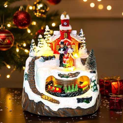 Animated Christmas Village Decoration - Lighted Church Choir & Moving Train on Snowy Mountain - Holiday, alternate view 6