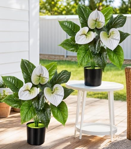 Anthurium Artificial Flowers with Pots, 2 Pack Fake Flowers Potted Faux Outdoor Plants, UV Resistant Realistic