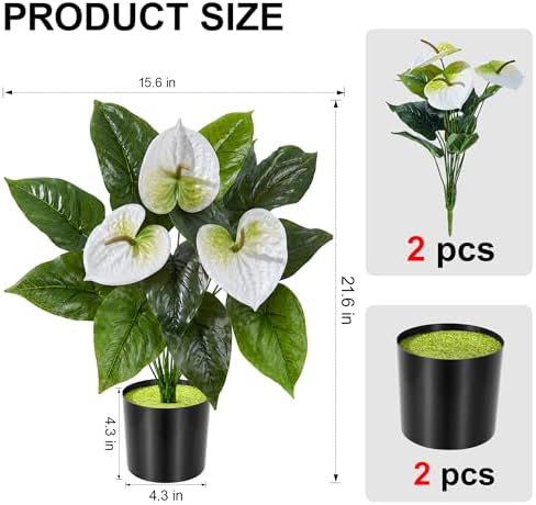 Anthurium Artificial Flowers with Pots, 2 Pack Fake Flowers Potted Faux Outdoor Plants, UV Resistant Realistic, alternate