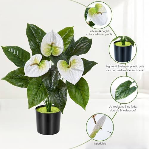 Anthurium Artificial Flowers with Pots, 2 Pack Fake Flowers Potted Faux Outdoor Plants, UV Resistant Realistic, alternate